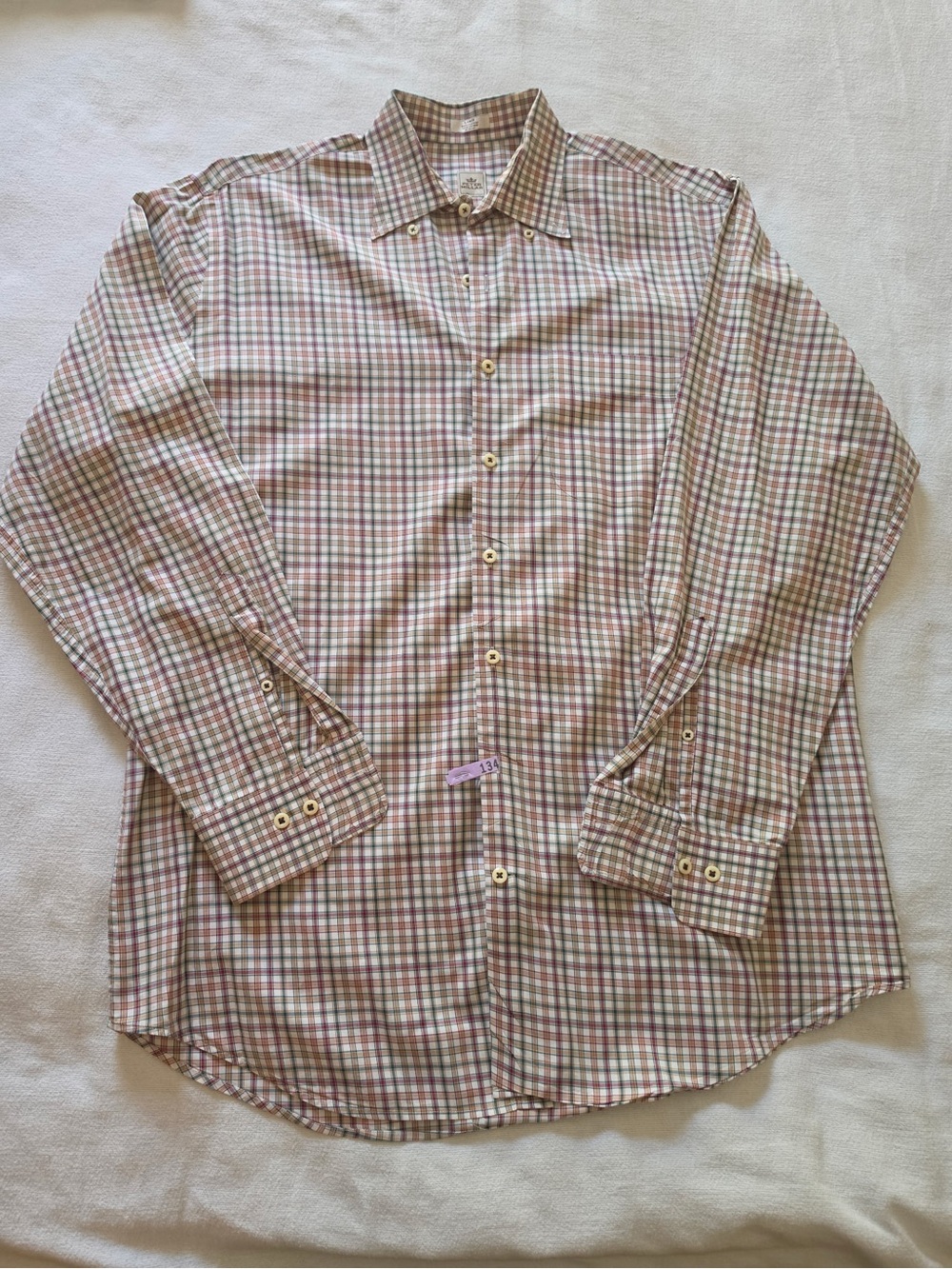 Peter Millar Button-Down Check Shirt in Beige, Green & Red